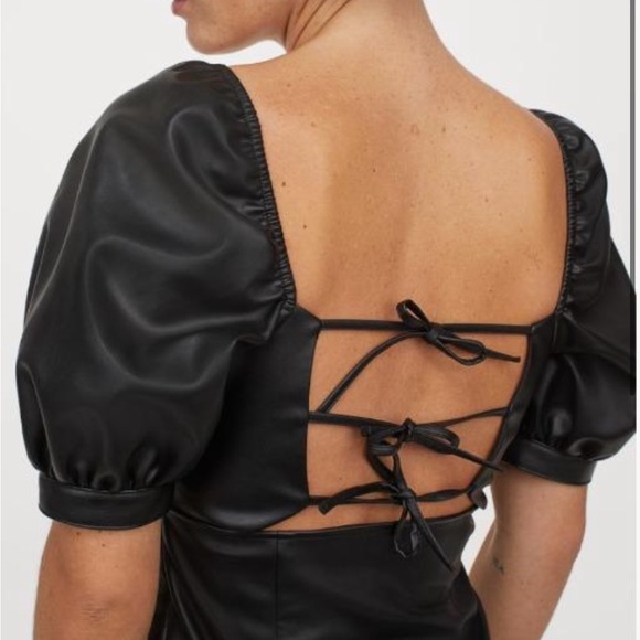 H&M Divided Faux Leather Puff Sleeve Tie back Mini Dress - Picture 4 of 13